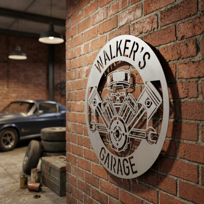 Custom Garage Metal Sign – Dad Gift, Mechanic Wall Decor with Piston & Wrench