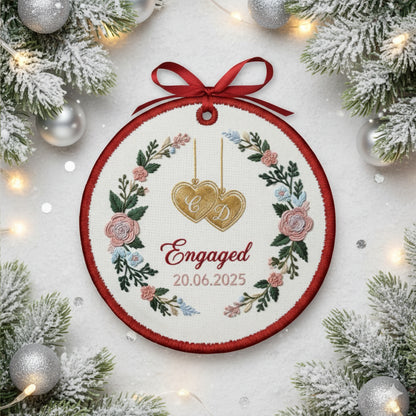 Personalized Embroidered Engagement Ornament 2025 – Custom Canvas Floral Heart Keepsake Gift for Engaged Couples, Xmas Embroidered Ornament