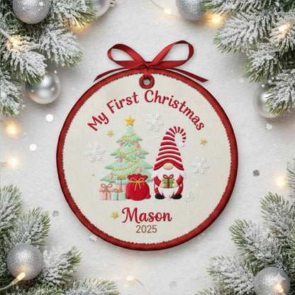 Personalized Embroidered Baby’s First Christmas Gnome Ornament 2025 – Custom Canvas Keepsake Gift for Newborn, Embroidered Ornament