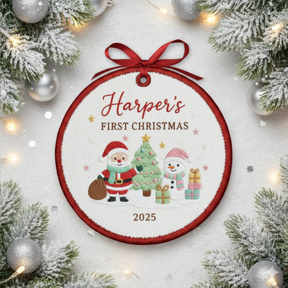 Personalized Embroidered Baby’s First Christmas Ornament 2025 – Santa and Snowman Custom Canvas Keepsake for Newborn, Embroidered Ornament