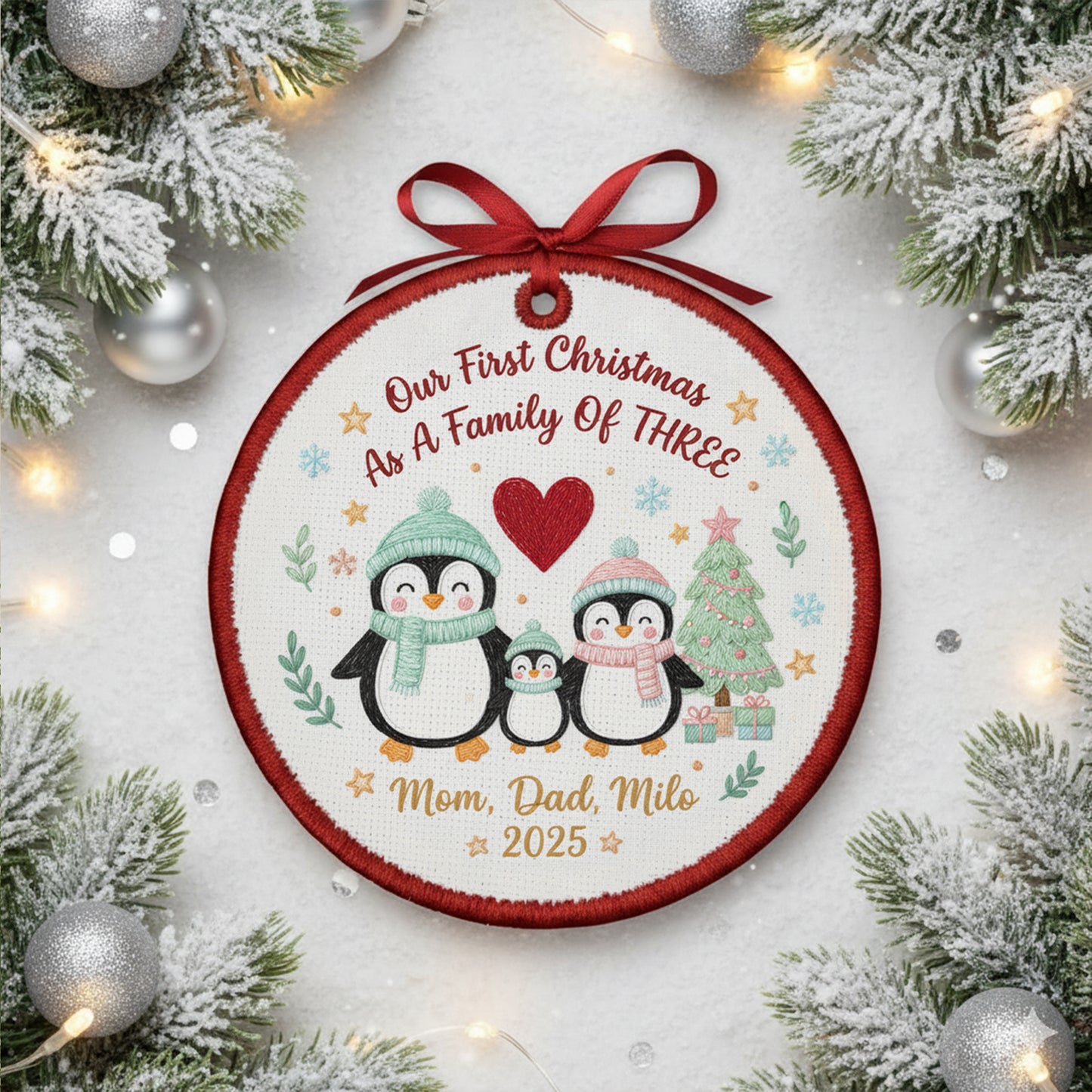 Embroidered Family of Three Penguin Christmas Ornament, Personalized Canvas Keepsake for New Family, Christmas Embroidered Ornament