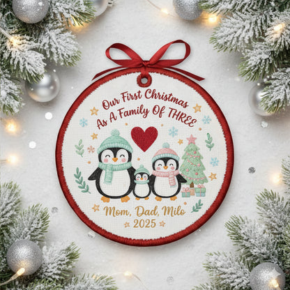 Embroidered Family of Three Penguin Christmas Ornament, Personalized Canvas Keepsake for New Family, Christmas Embroidered Ornament