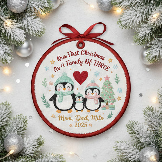 Embroidered Family of Three Penguin Christmas Ornament, Personalized Canvas Keepsake for New Family, Christmas Embroidered Ornament