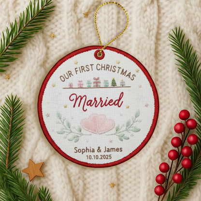 Personalized Embroidered Our First Christmas Married Ornament 2025 – Custom Canvas Wedding Keepsake Gift for Newlyweds, Embroidered Ornament