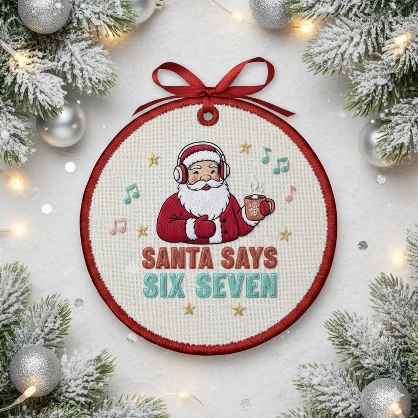 Funny Embroidered Santa Ornament – “Santa Says Six Seven” Custom Canvas Christmas Decor & Holiday Gift 2025, Xmas Embroidered Ornament