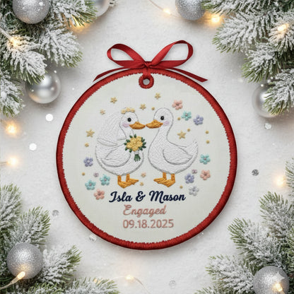 Personalized Embroidered Engagement Ornament 2025 – Custom Canvas Duck Couple Keepsake Gift for Engaged Couples, Xmas Embroidered Ornament