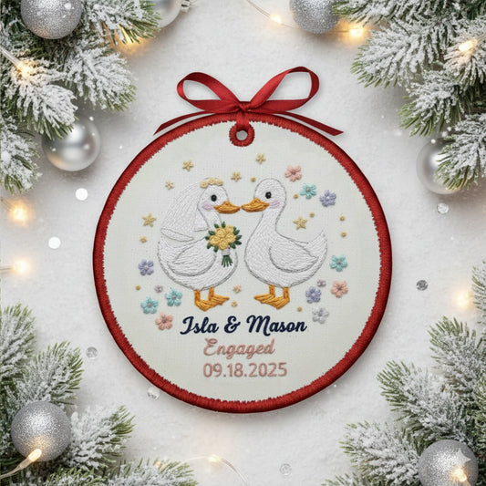 Personalized Embroidered Engagement Ornament 2025 – Custom Canvas Duck Couple Keepsake Gift for Engaged Couples, Xmas Embroidered Ornament