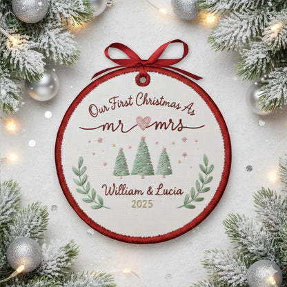 Personalized Embroidered Our First Christmas as Mr & Mrs Ornament 2025, Custom Canvas Newlywed Keepsake Gift,Christmas Embroidered Ornament