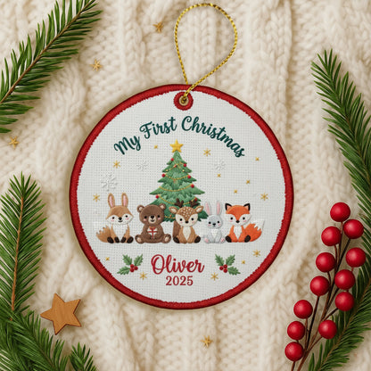 Personalized Embroidered My First Christmas Woodland Animals Ornament 2025 – Custom Canvas Keepsake Gift for Baby, Xmas Embroidered Ornament