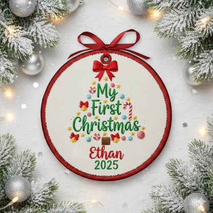 Personalized Embroidered Baby’s First Christmas Tree Ornament 2025 – Custom Canvas Keepsake Gift for Newborn, Christmas Embroidered Ornament