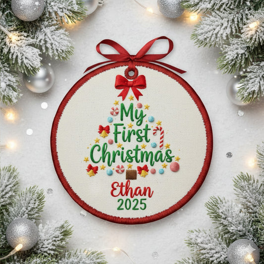 Personalized Embroidered Baby’s First Christmas Tree Ornament 2025 – Custom Canvas Keepsake Gift for Newborn, Christmas Embroidered Ornament