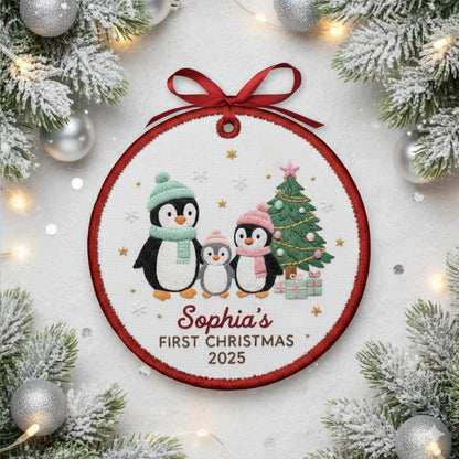 Personalized Embroidered Penguin Family Baby’s First Christmas Ornament – Custom Canvas Keepsake New Family, Christmas Embroidered Ornament