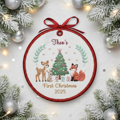 Personalized Embroidered Baby’s First Christmas Ornament 2025 – Woodland Animals Canvas Keepsake Gift for Newborn, Xmas Embroidered Ornament