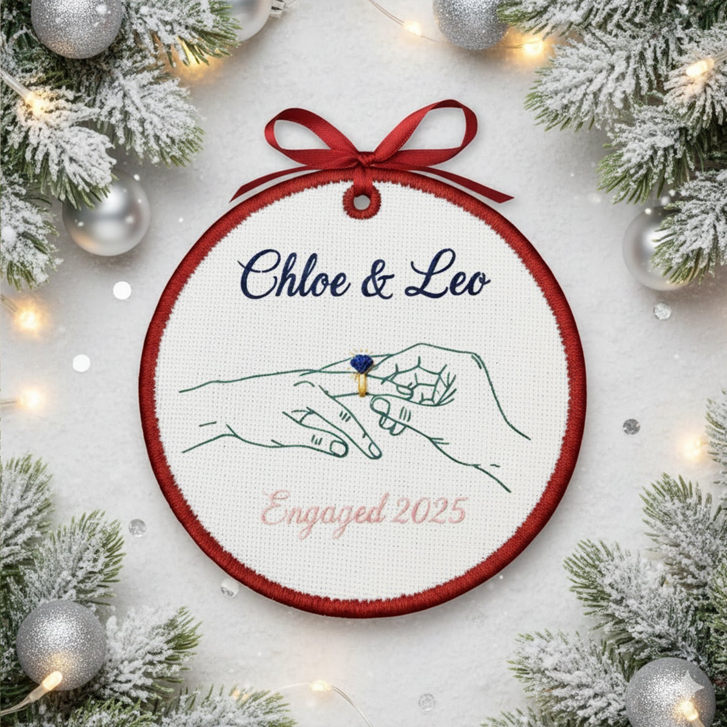Personalized Embroidered Engagement Ornament 2025, Custom Canvas Hands with Ring Keepsake Gift for Engaged Couple, Xmas Embroidered Ornament
