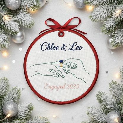 Personalized Embroidered Engagement Ornament 2025, Custom Canvas Hands with Ring Keepsake Gift for Engaged Couple, Xmas Embroidered Ornament