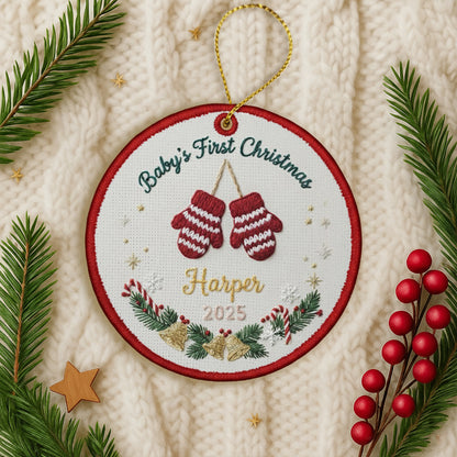 Personalized Embroidered Baby’s First Christmas Ornament 2025 – Custom Canvas Mittens Keepsake Gift for Newborn, Xmas Embroidered Ornament