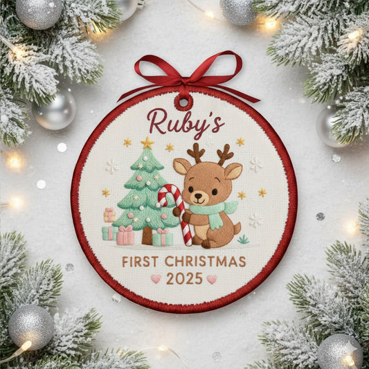 Personalized Embroidered Baby’s First Christmas Ornament 2025 – Custom Canvas Reindeer with Candy Cane Keepsake Gift, Embroidered Ornament