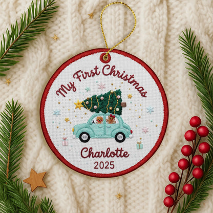 Personalized Embroidered My First Christmas Ornament 2025 – Custom Canvas Car with Tree Baby Keepsake Gift, Christmas Embroidered Ornament