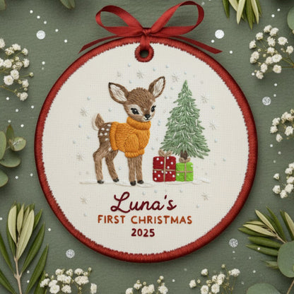 Personalized Embroidered Baby’s First Christmas Ornament 2025 – Custom Canvas Reindeer Keepsake Gift for Newborn, New Baby Gift