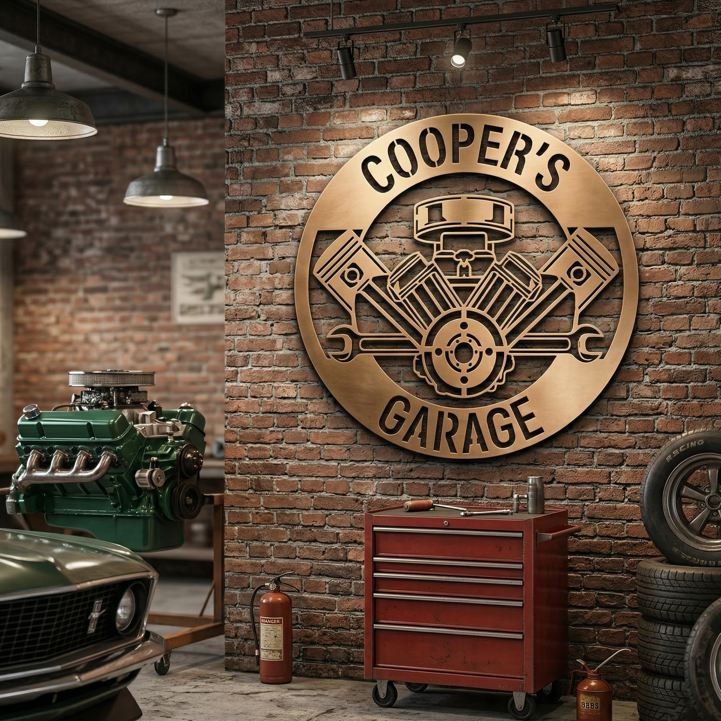 Custom Garage Metal Sign – Dad Gift, Mechanic Wall Decor with Piston & Wrench