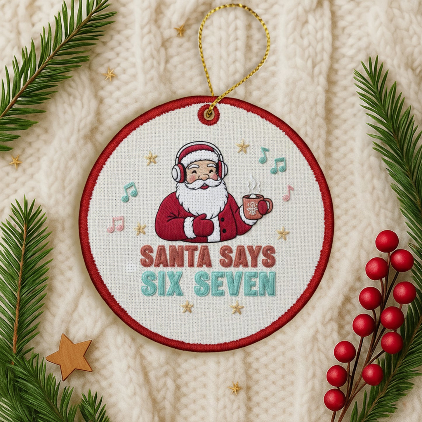 Funny Embroidered Santa Ornament – “Santa Says Six Seven” Custom Canvas Christmas Decor & Holiday Gift 2025, Xmas Embroidered Ornament