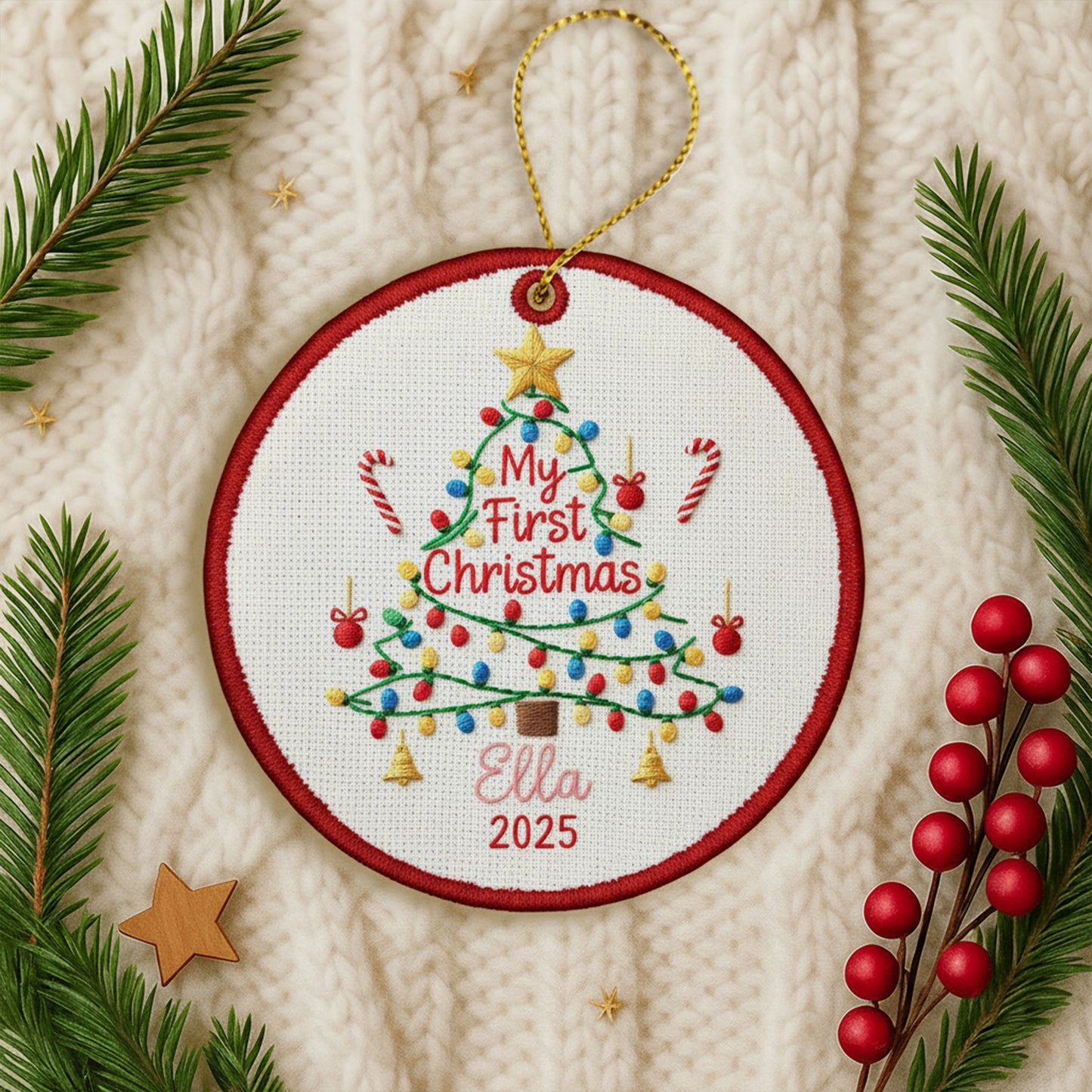 Personalized Embroidered Baby’s First Christmas Tree Ornament 2025 – Custom Canvas Keepsake Gift for Baby, Christmas Embroidered Ornament