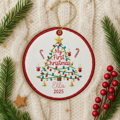 Personalized Embroidered Baby’s First Christmas Tree Ornament 2025 – Custom Canvas Keepsake Gift for Baby, Christmas Embroidered Ornament