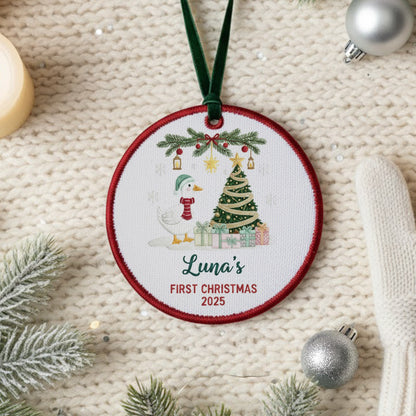 Personalized Embroidered Baby’s First Christmas Goose Ornament 2025, Custom Canvas Keepsake Gift for Newborn, Christmas Embroidered Ornament