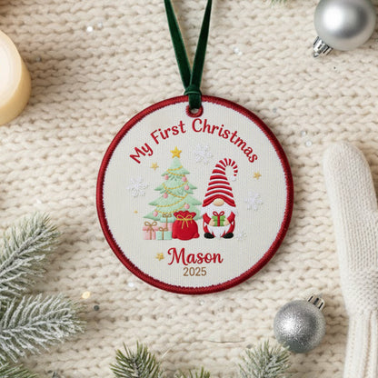 Personalized Embroidered Baby’s First Christmas Gnome Ornament 2025 – Custom Canvas Keepsake Gift for Newborn, Embroidered Ornament
