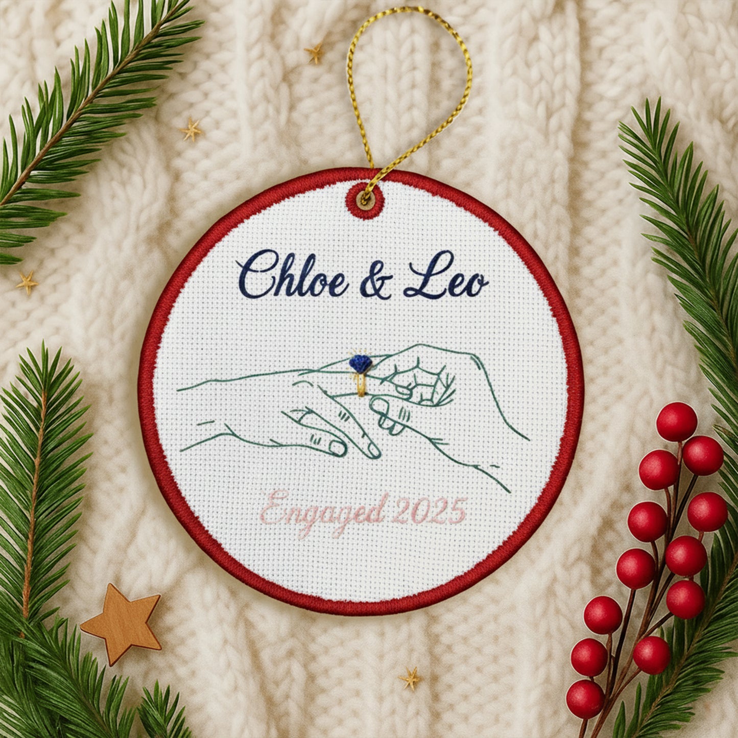 Personalized Embroidered Engagement Ornament 2025, Custom Canvas Hands with Ring Keepsake Gift for Engaged Couple, Xmas Embroidered Ornament