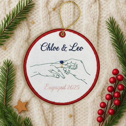 Personalized Embroidered Engagement Ornament 2025, Custom Canvas Hands with Ring Keepsake Gift for Engaged Couple, Xmas Embroidered Ornament