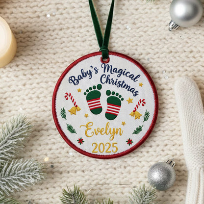 Personalized Embroidered Baby’s Magical First Christmas Ornament 2025 – Custom Canvas Keepsake Gift for Newborn, Xmas Embroidered Ornament