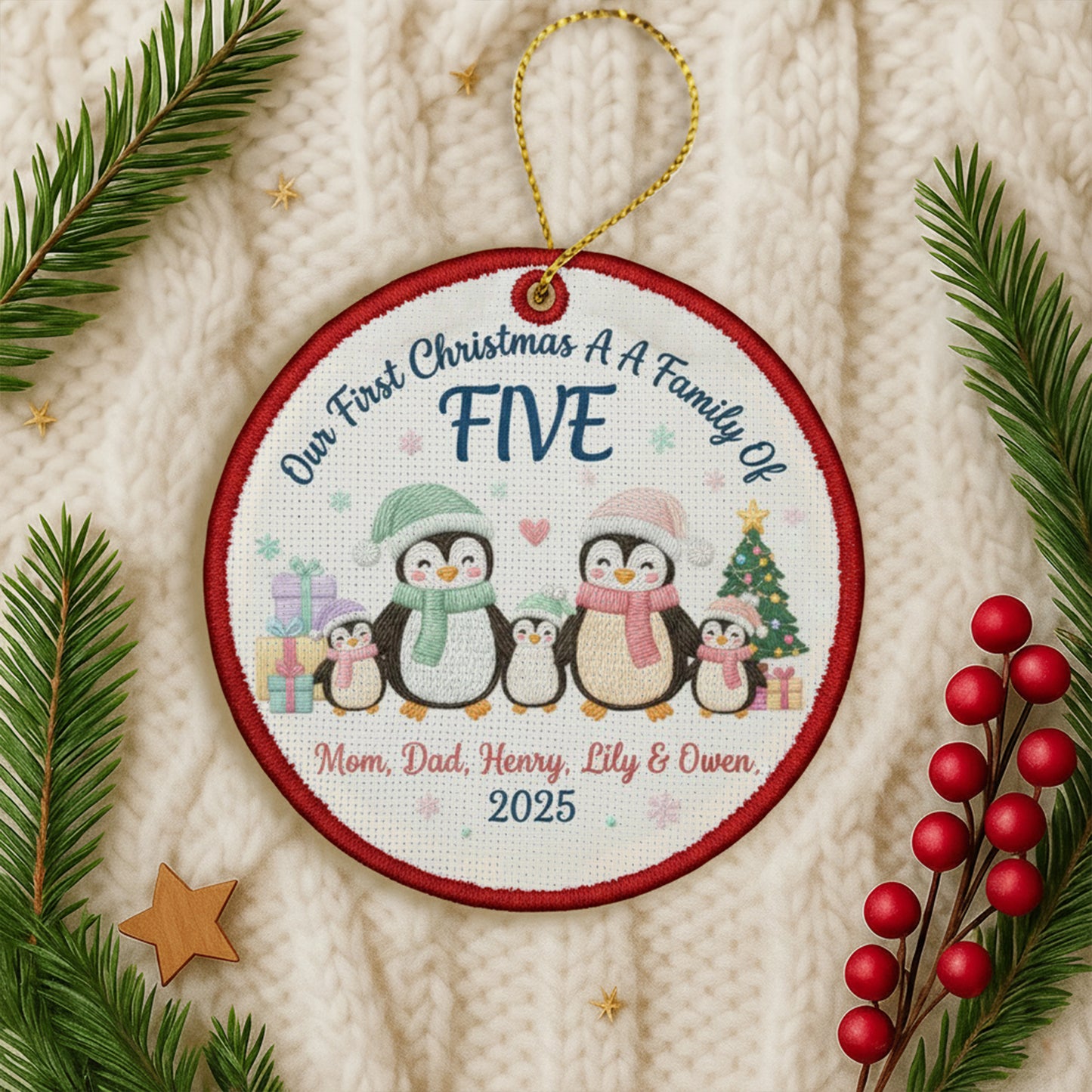 Embroidered Family of Three Penguin Christmas Ornament, Personalized Canvas Keepsake for New Family, Christmas Embroidered Ornament