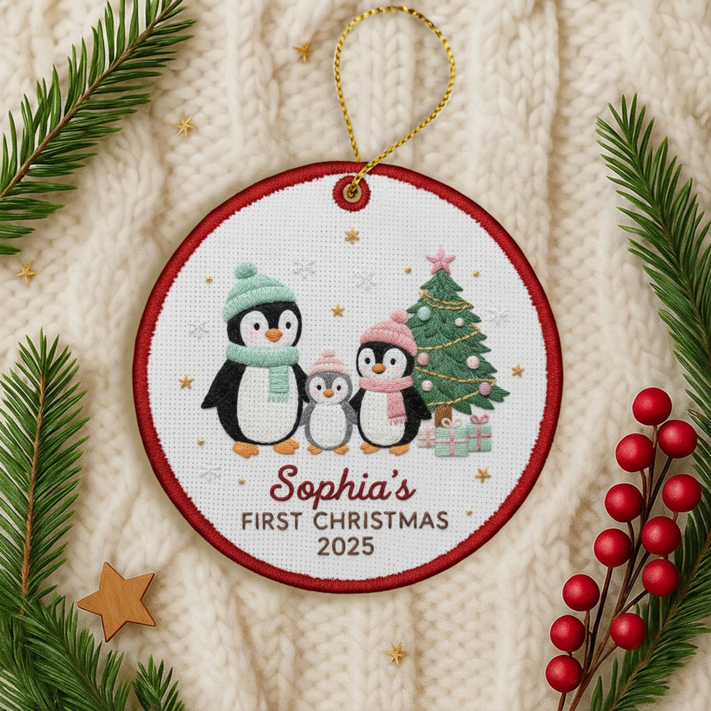 Personalized Embroidered Penguin Family Baby’s First Christmas Ornament – Custom Canvas Keepsake New Family, Christmas Embroidered Ornament