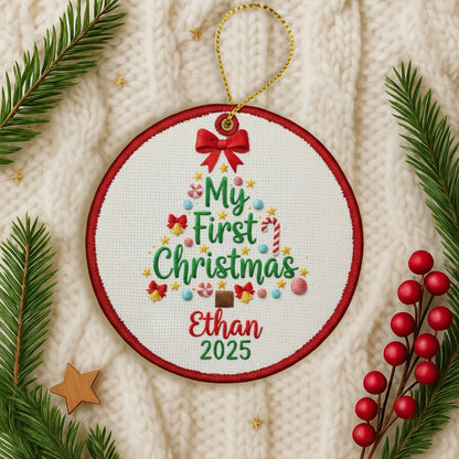 Personalized Embroidered Baby’s First Christmas Tree Ornament 2025 – Custom Canvas Keepsake Gift for Newborn, Christmas Embroidered Ornament