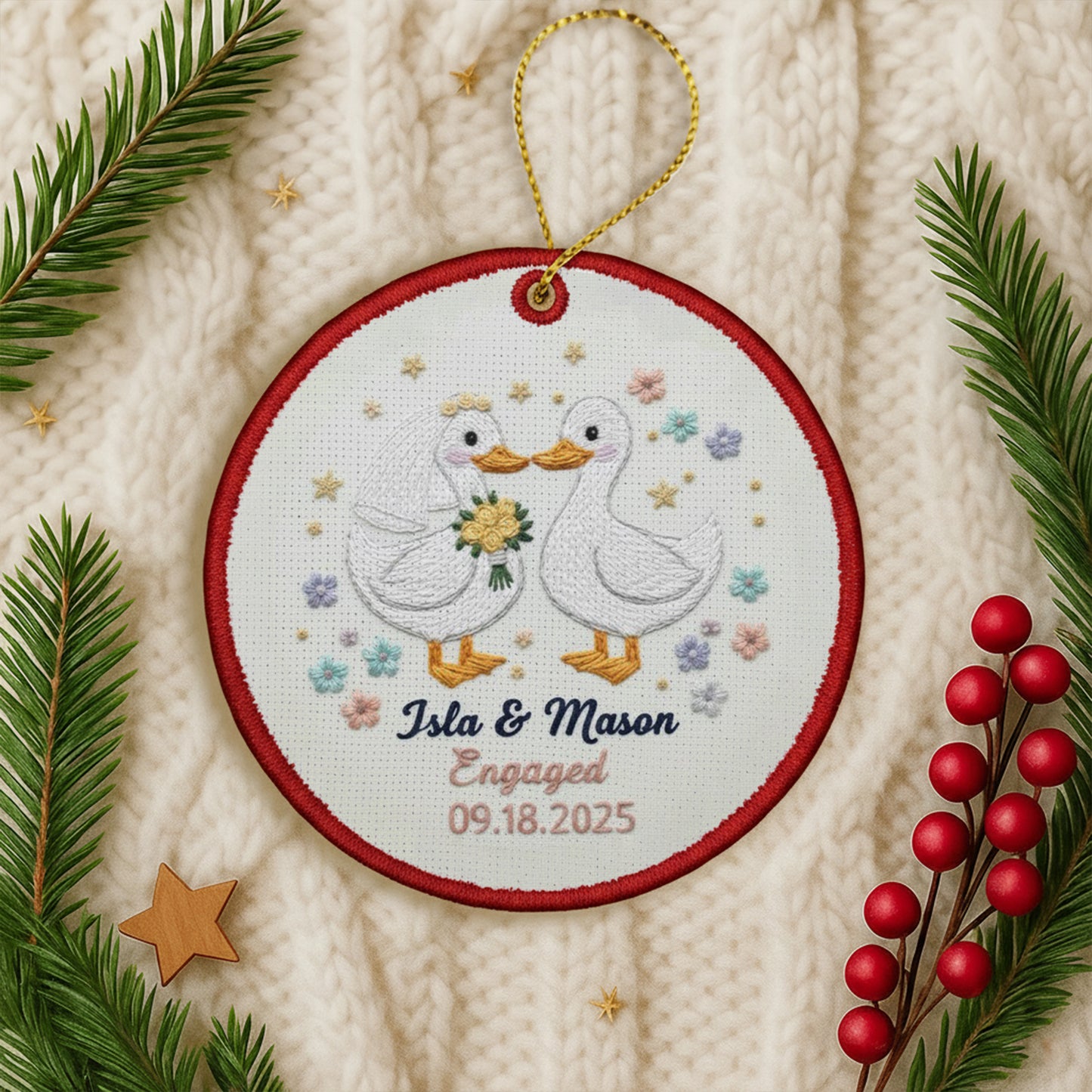 Personalized Embroidered Engagement Ornament 2025 – Custom Canvas Duck Couple Keepsake Gift for Engaged Couples, Xmas Embroidered Ornament