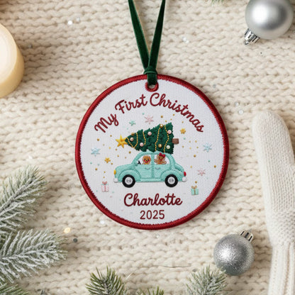 Personalized Embroidered My First Christmas Ornament 2025 – Custom Canvas Car with Tree Baby Keepsake Gift, Christmas Embroidered Ornament