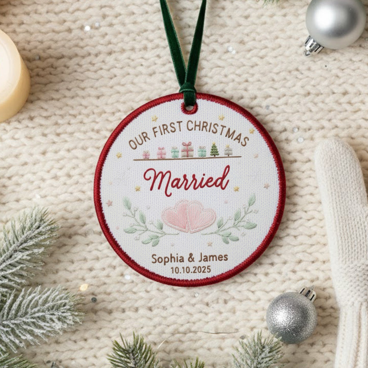 Personalized Embroidered Our First Christmas Married Ornament 2025 – Custom Canvas Wedding Keepsake Gift for Newlyweds, Embroidered Ornament