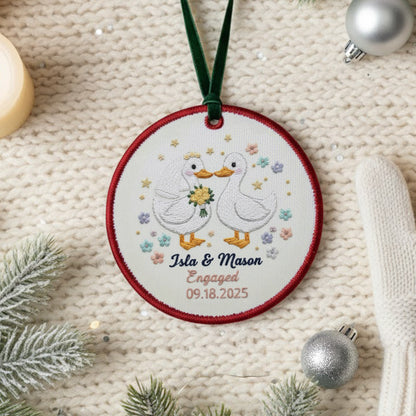 Personalized Embroidered Engagement Ornament 2025 – Custom Canvas Duck Couple Keepsake Gift for Engaged Couples, Xmas Embroidered Ornament