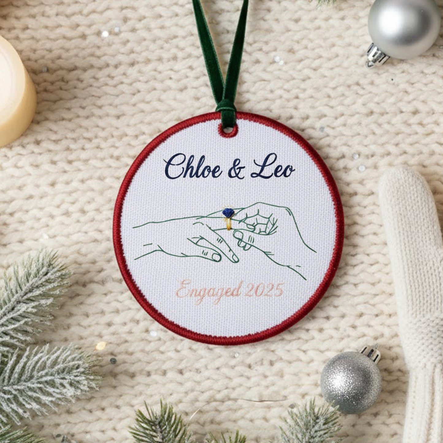 Personalized Embroidered Engagement Ornament 2025, Custom Canvas Hands with Ring Keepsake Gift for Engaged Couple, Xmas Embroidered Ornament