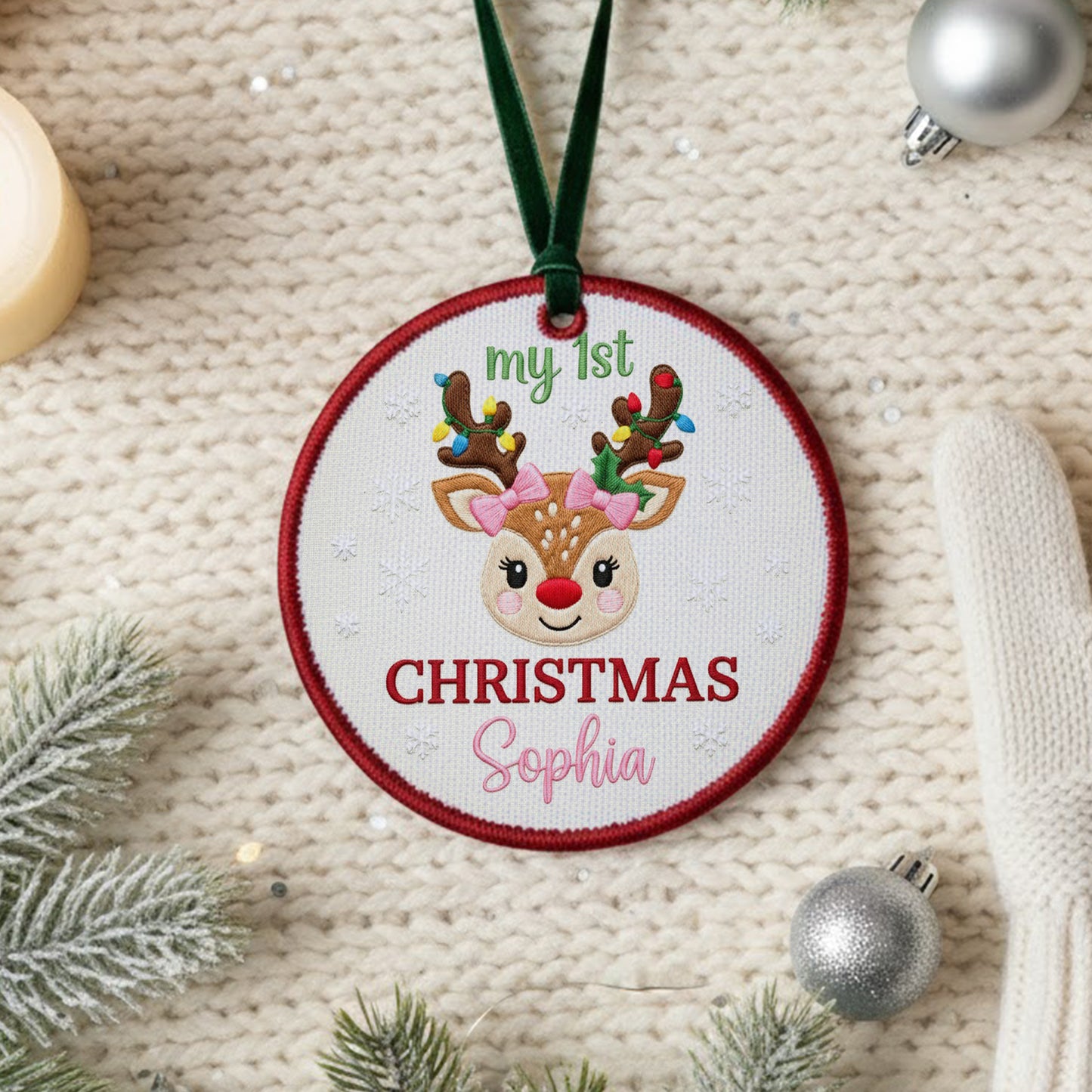 Personalized Embroidered My First Christmas Reindeer Ornament 2025 – Custom Canvas Keepsake Gift for Baby Girl, Xmas Embroidered Ornament