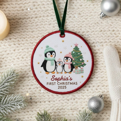 Personalized Embroidered Penguin Family Baby’s First Christmas Ornament – Custom Canvas Keepsake New Family, Christmas Embroidered Ornament