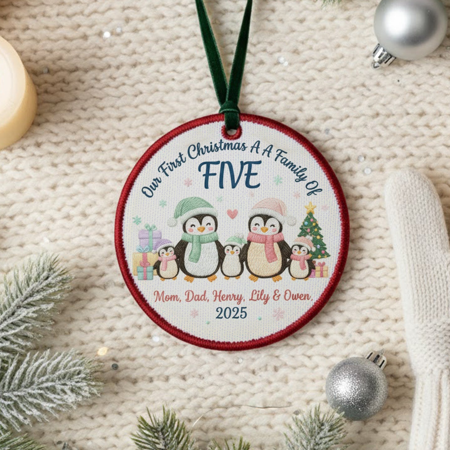 Embroidered Family of Three Penguin Christmas Ornament, Personalized Canvas Keepsake for New Family, Christmas Embroidered Ornament