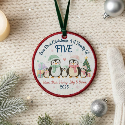 Embroidered Family of Three Penguin Christmas Ornament, Personalized Canvas Keepsake for New Family, Christmas Embroidered Ornament