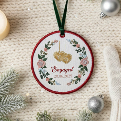 Personalized Embroidered Engagement Ornament 2025 – Custom Canvas Floral Heart Keepsake Gift for Engaged Couples, Xmas Embroidered Ornament