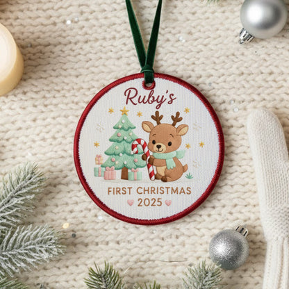 Personalized Embroidered Baby’s First Christmas Ornament 2025 – Custom Canvas Reindeer with Candy Cane Keepsake Gift, Embroidered Ornament