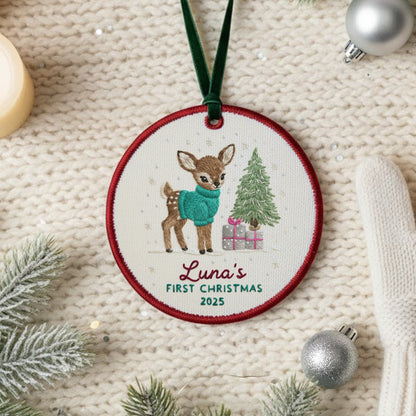 Personalized Embroidered Baby’s First Christmas Ornament 2025 – Custom Canvas Reindeer Keepsake Gift for Newborn, New Baby Gift