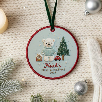 Personalized Embroidered Baby’s First Christmas Ornament 2025 – Custom Canvas Bear Keepsake Gift for Newborn, Embroidered Ornament for Baby
