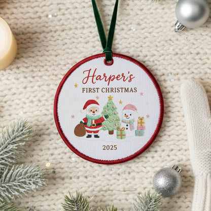 Personalized Embroidered Baby’s First Christmas Ornament 2025 – Santa and Snowman Custom Canvas Keepsake for Newborn, Embroidered Ornament