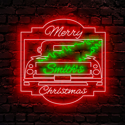 Personalized Christmas Truck Met Neon Sign, Personalized Holiday Season Room Wall Art Decor